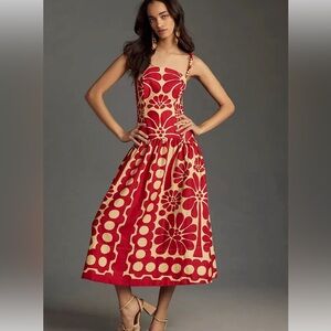 Farm Rio Linen Palermo Dress Beaded Strap Midi Floral